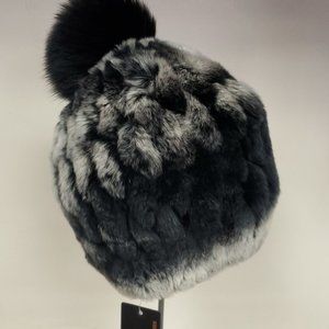 SALE Black Frost Knitted Rex Rabbit Fur Beanie with Fox Pom